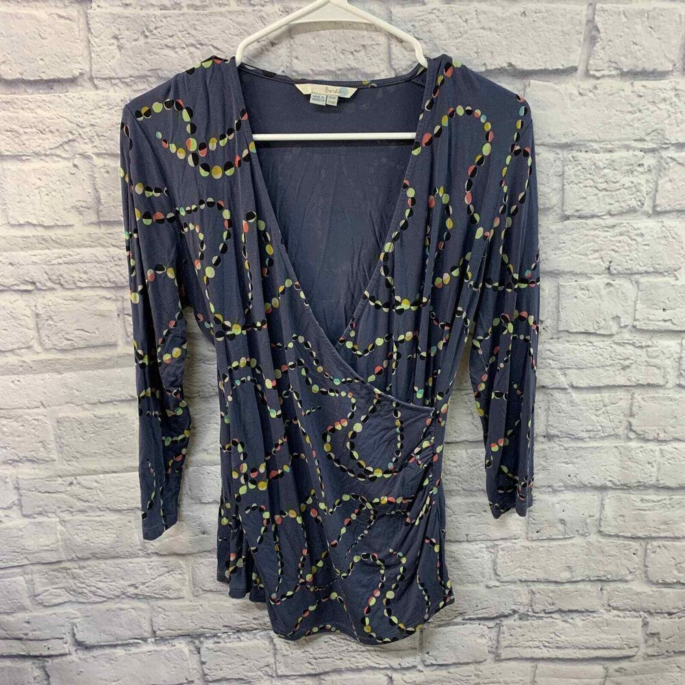 Boden Shirt Womens 10 petite Blue V Neck Front‎ Crossover Long Sleeve Top